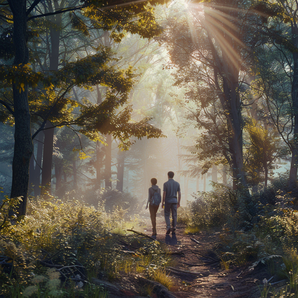 Couple in Forest Morning Stroll