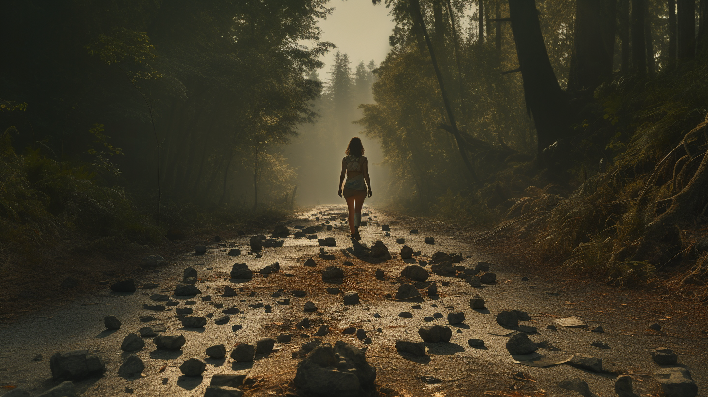 Woman avoiding road holes in the forest