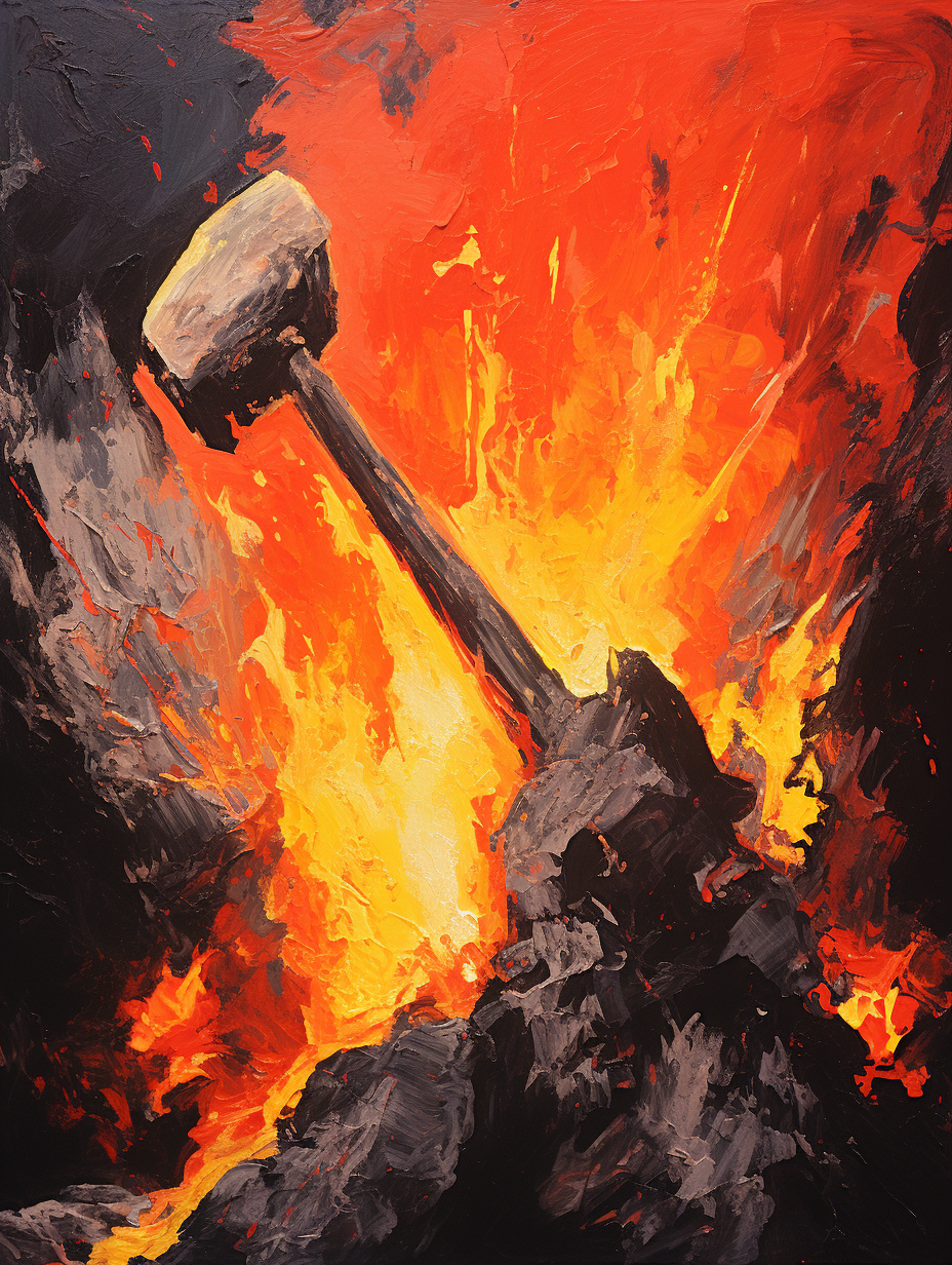 Forge hammer striking hot lava flow