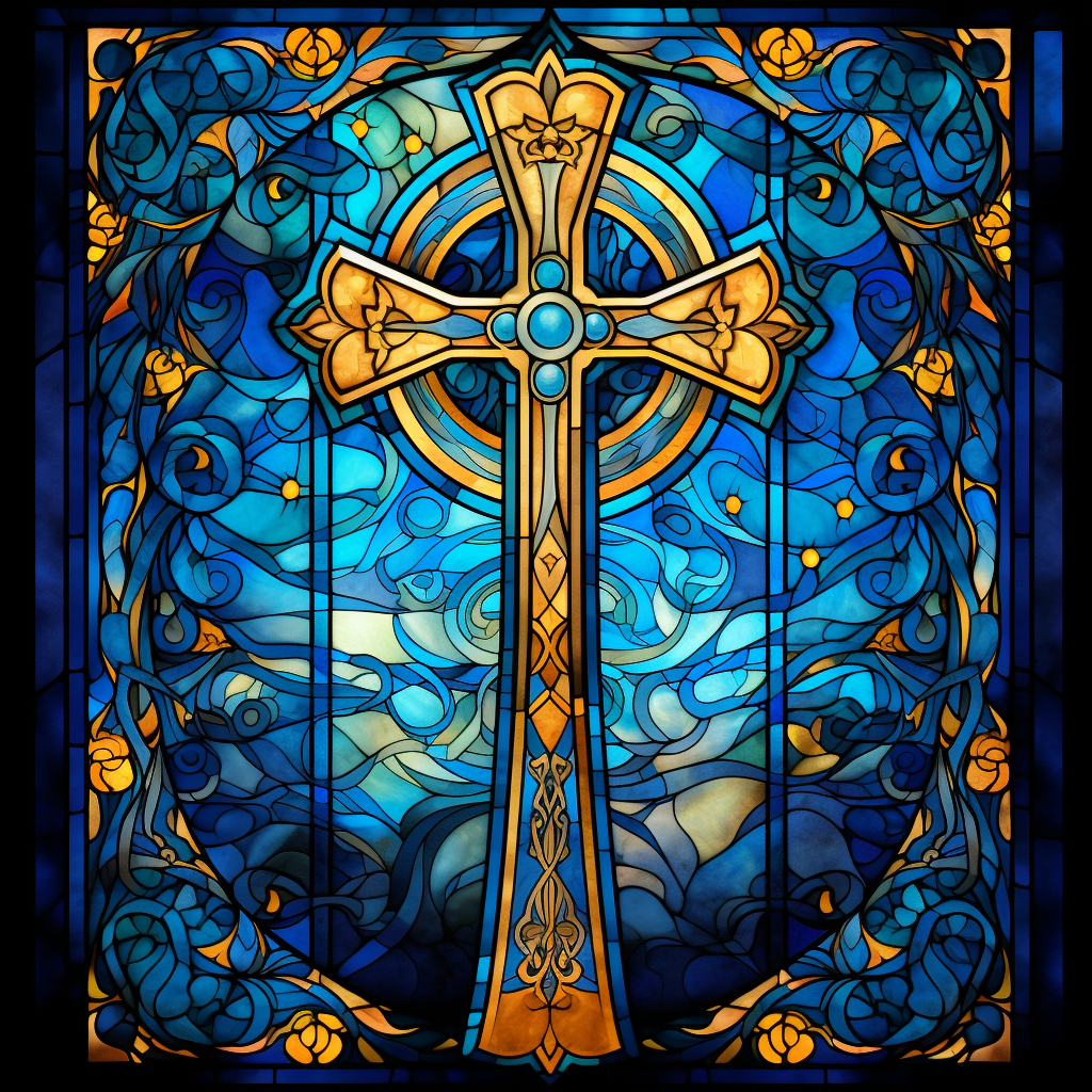 Stained glass cross in blue and gold