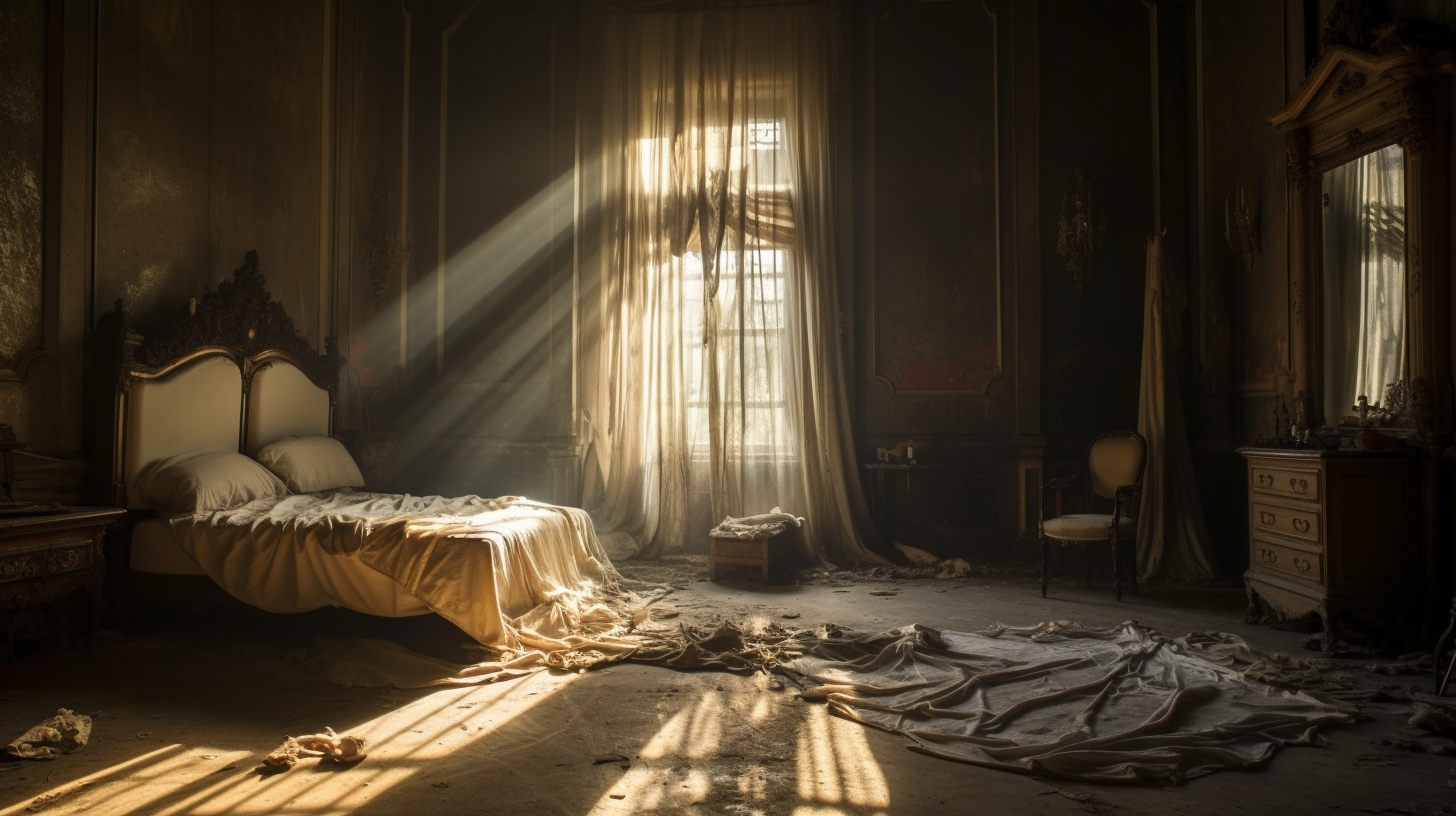 Abandoned bedroom with haunting shadows