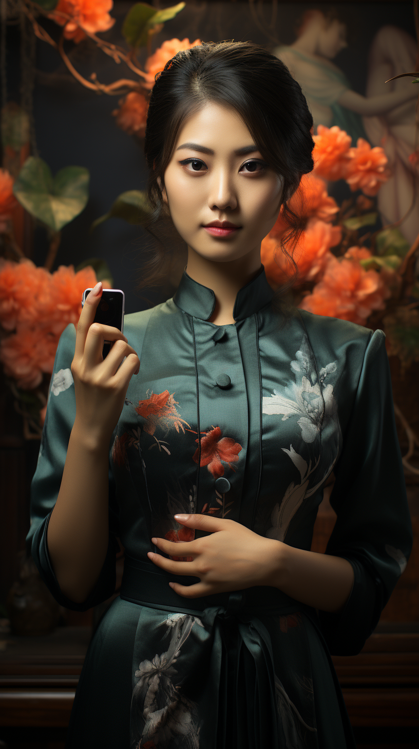 Formal Asian woman holding a phone and gesturing success