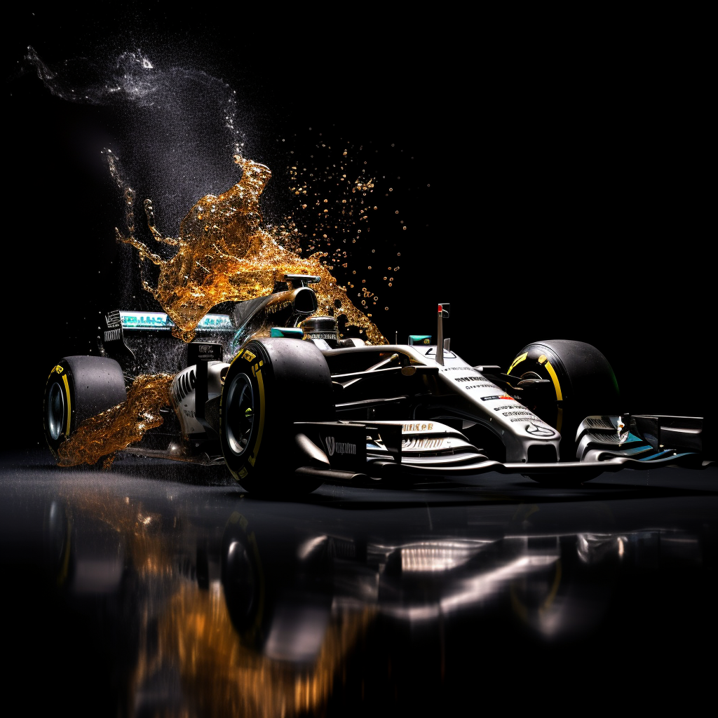 Formula 1 car driving through pouring liquid