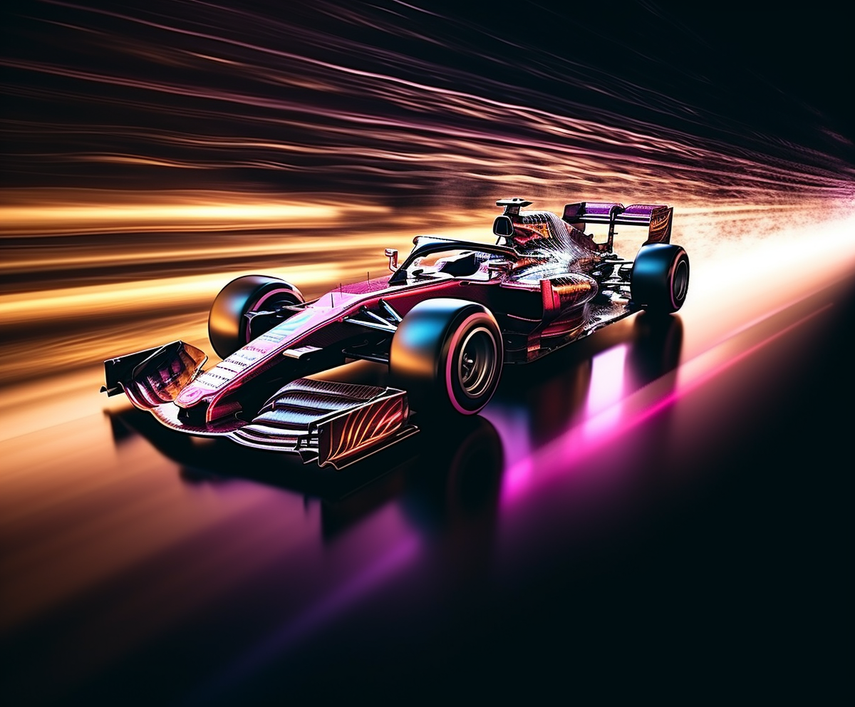 Formula 1 car racing at night with neon lights