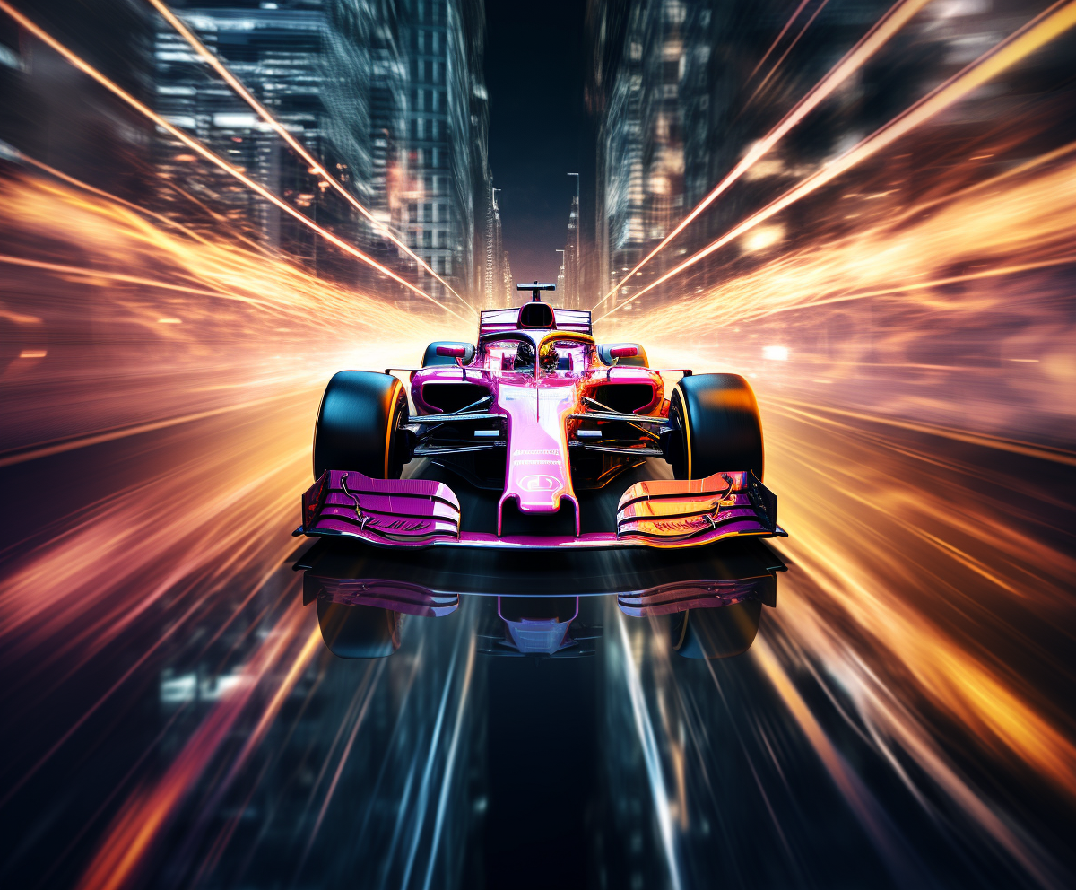 Formula 1 car speeding through neon-lit street at night