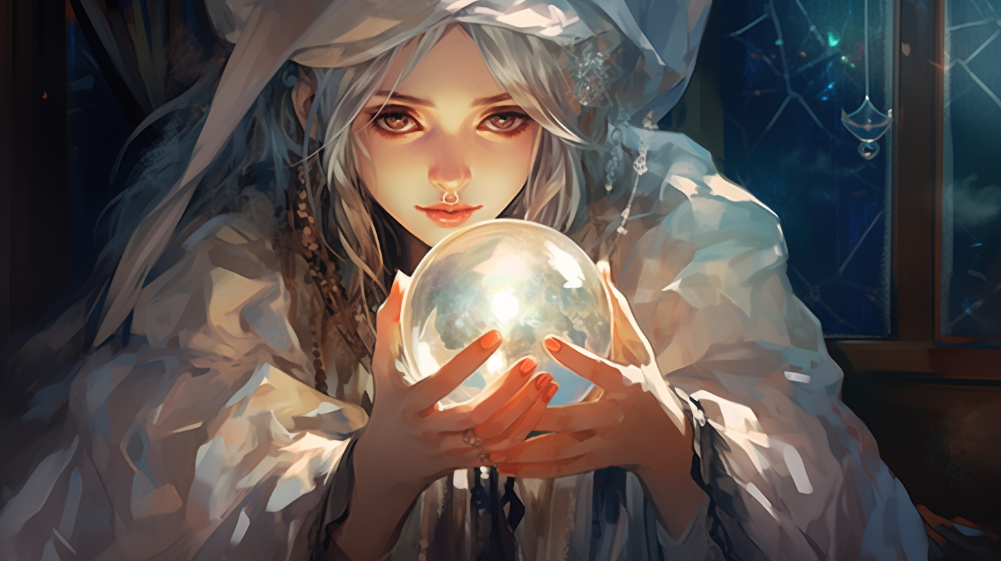 Close-up of fortune teller gazing into crystal ball