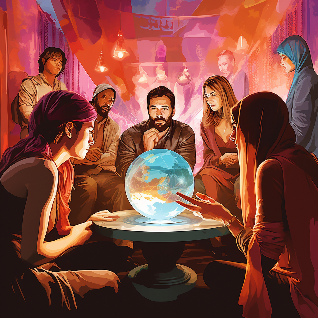 People looking into ball at fortune tellers