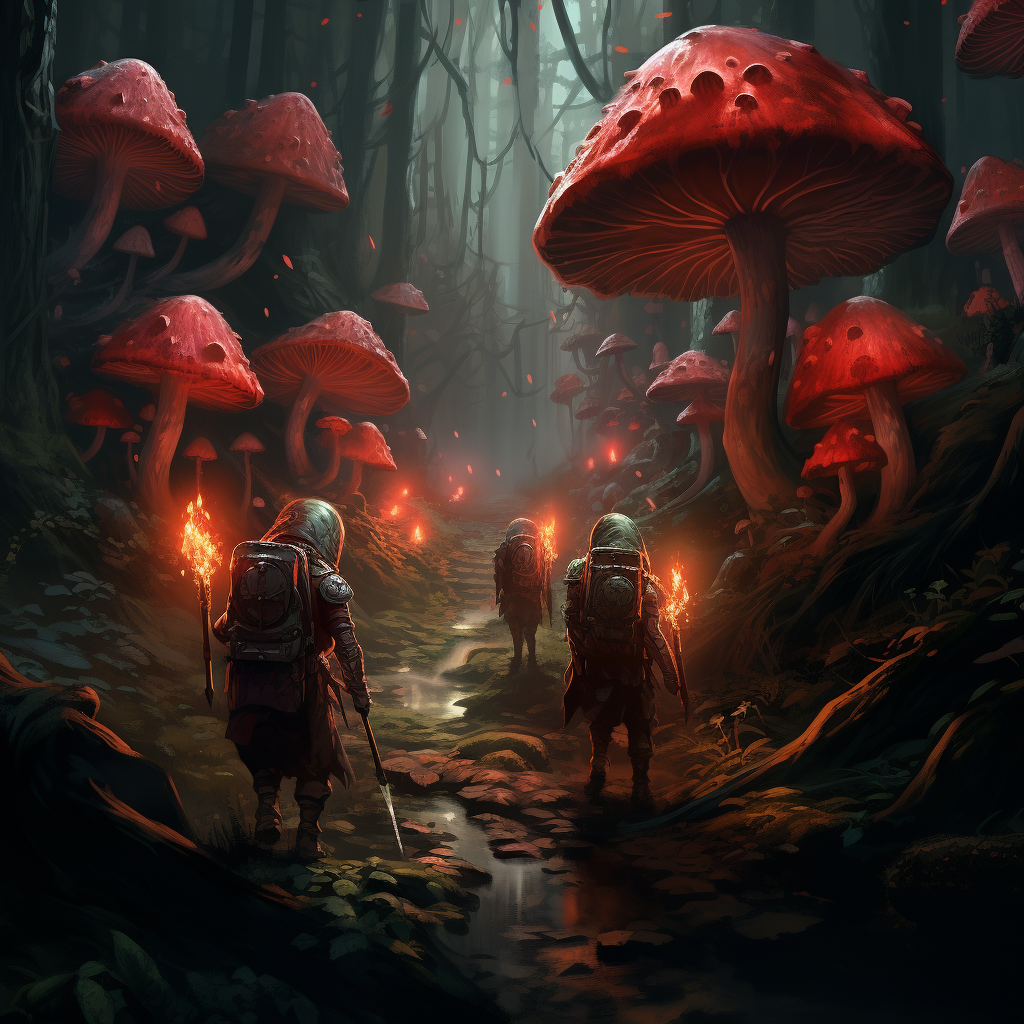 Four adventurers in underground mushroom forest