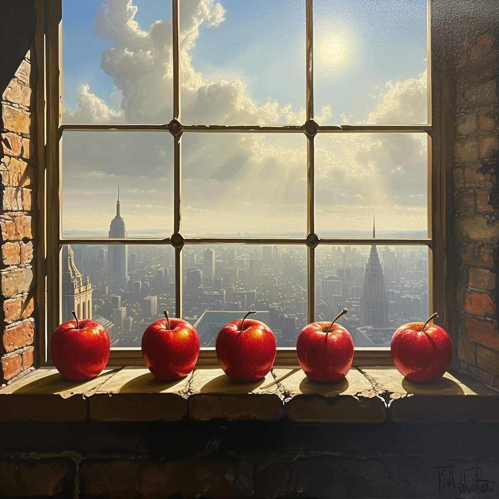 Four apples on castle wall