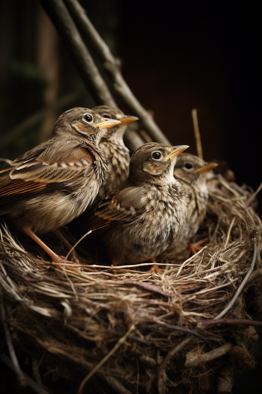 Four birds chirping in a nest