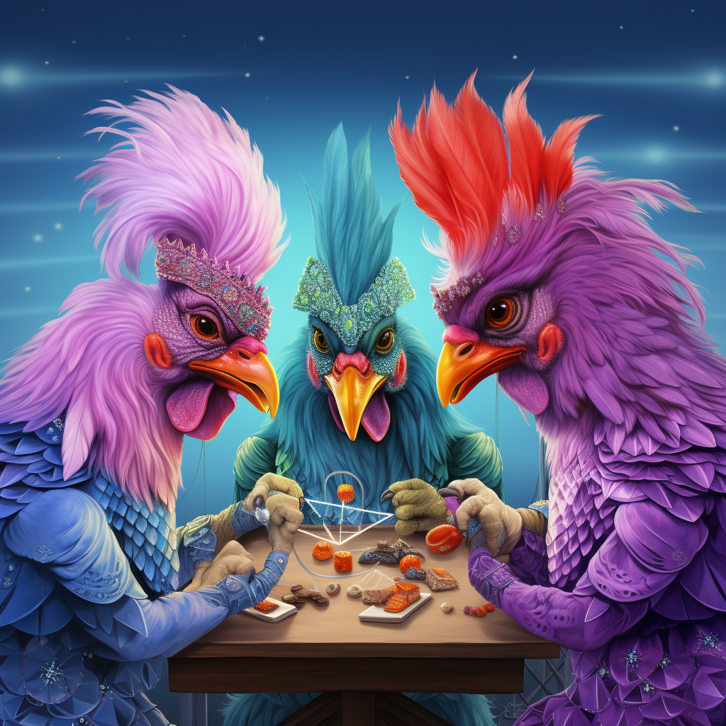 Colorful chickens arguing in nail salon