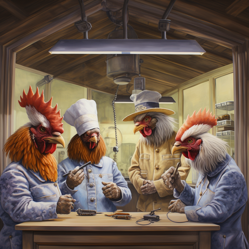 Four chickens arguing in nail salon