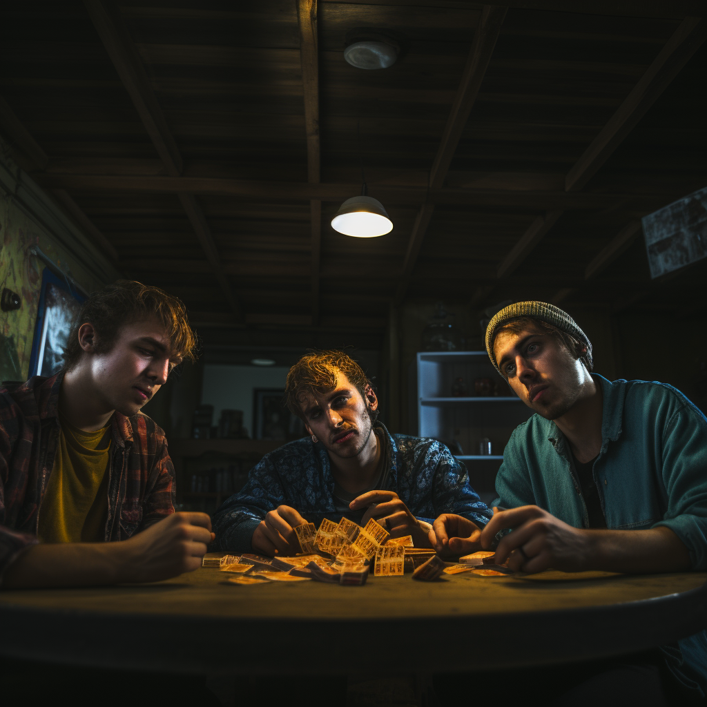 Caucasian college males playing poker using cheese as currency