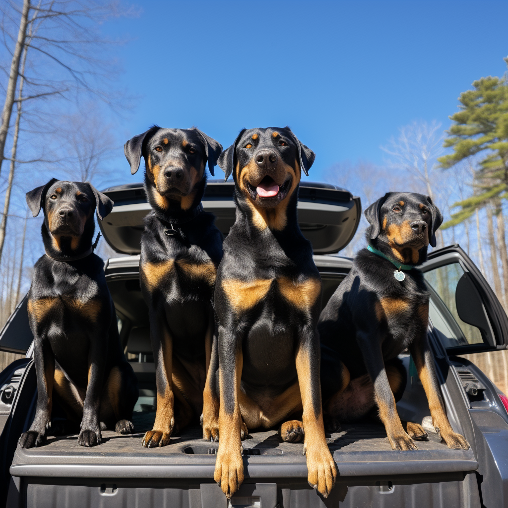 Four adult male dogs standing in front