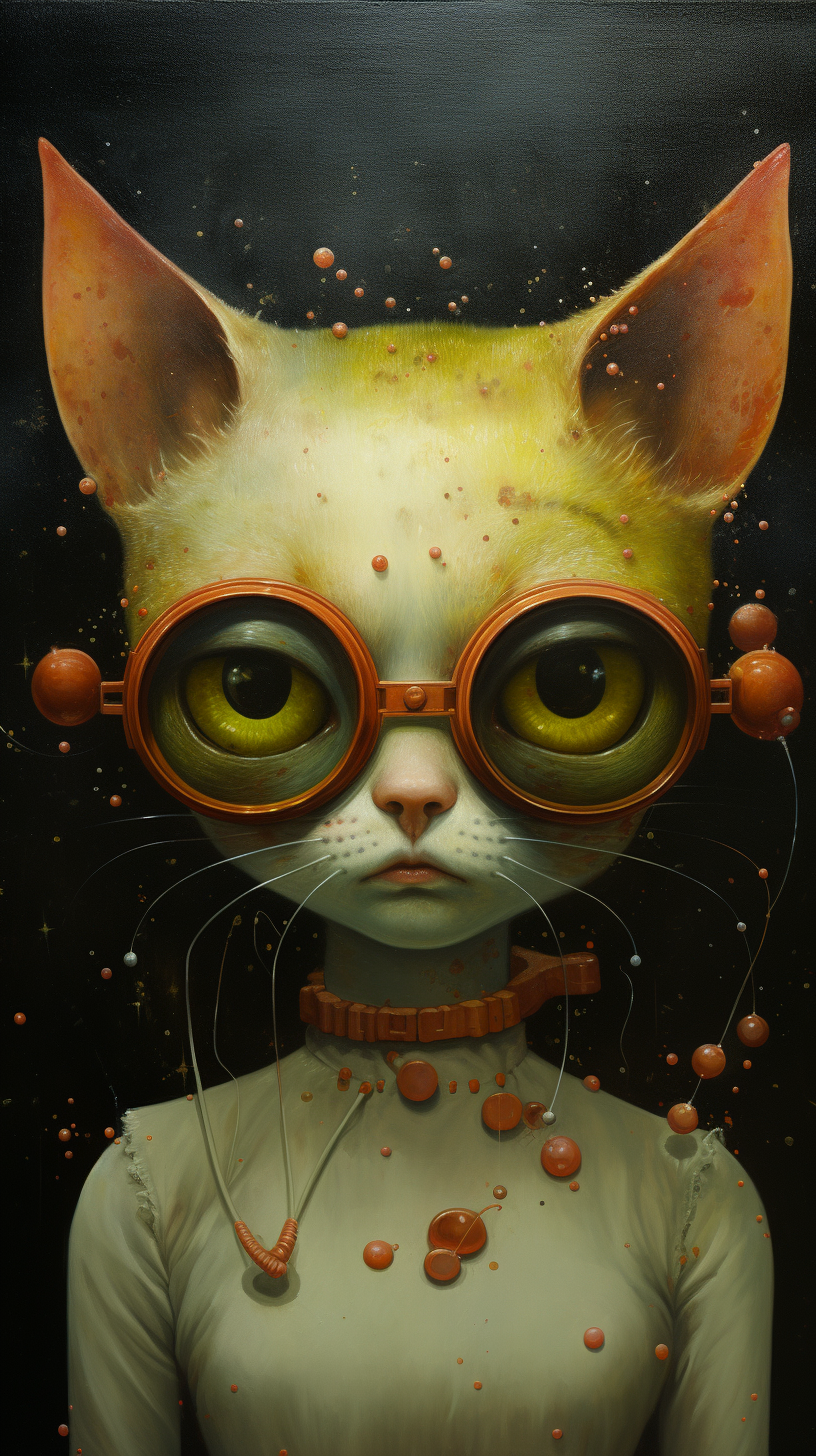 Four-eyed creature cat amidst planets and stars