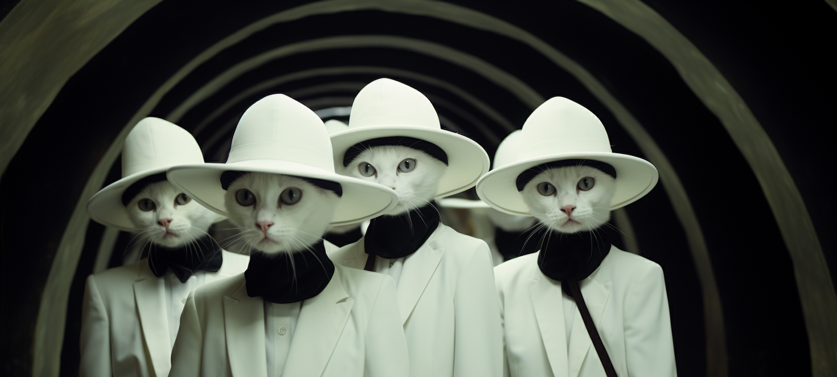 four kittens white jumpsuits tunnel hats