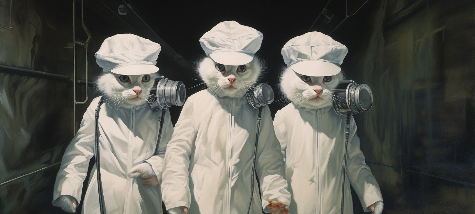 Four kittens in tunnel wearing jumpsuits and top hats