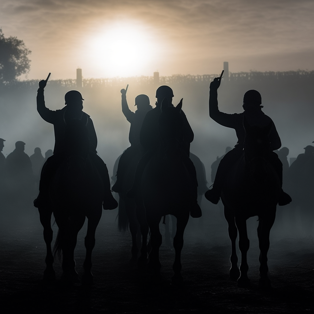 Silhouettes of Four Knights Surrounded by Cheering Crowd