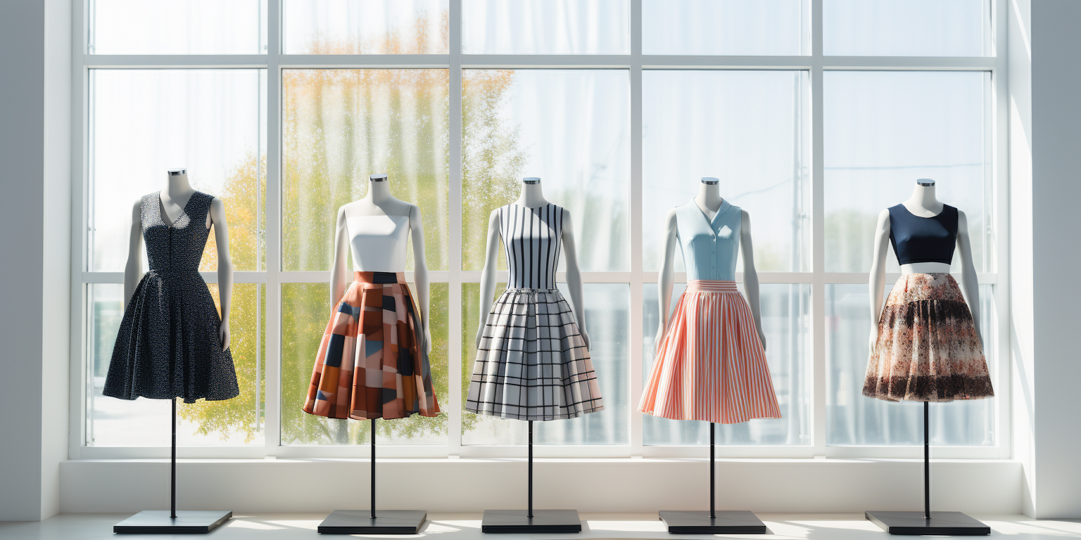 Four mannequins wearing different skirt patterns