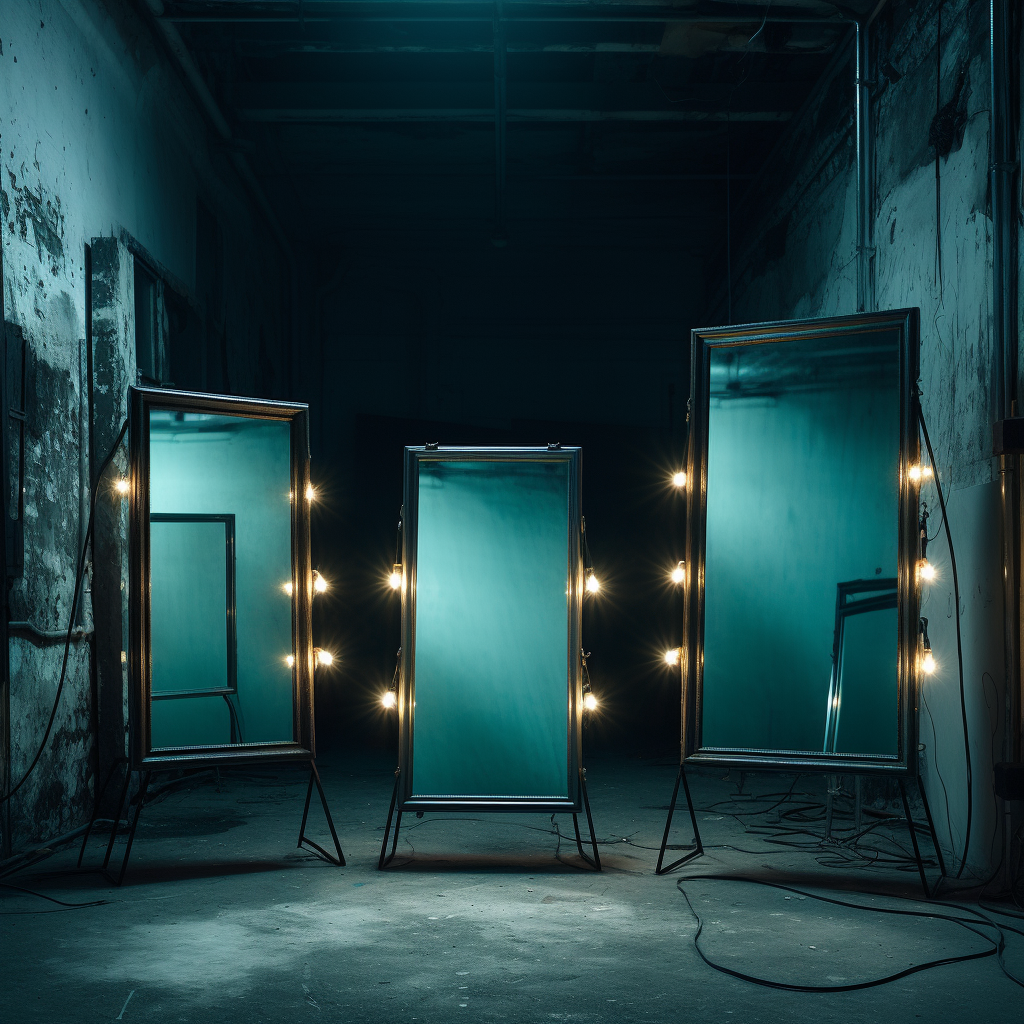 Elegant vanity setup with mirrors and lights