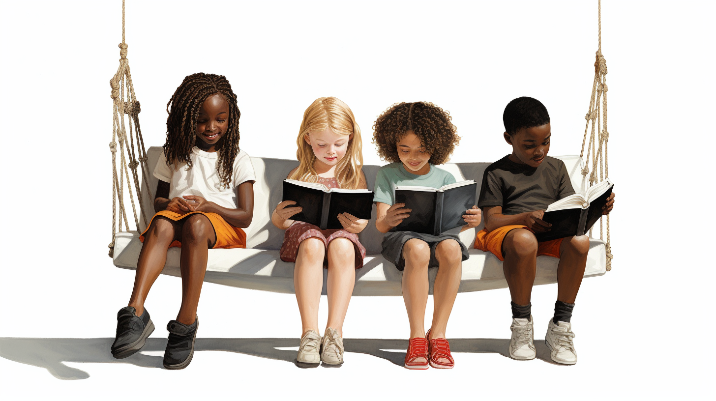 Four kids reading on a swing