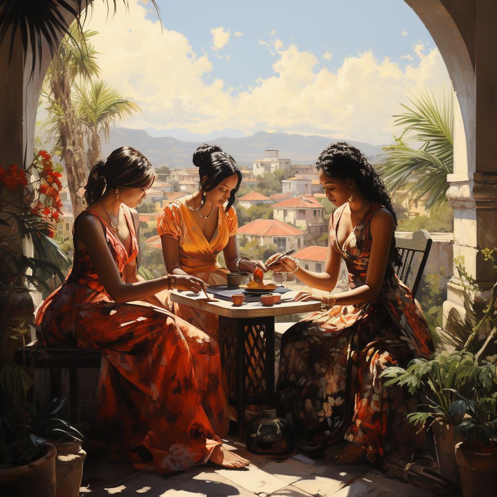 Four women enjoying tea on a balcony with Bahamas view