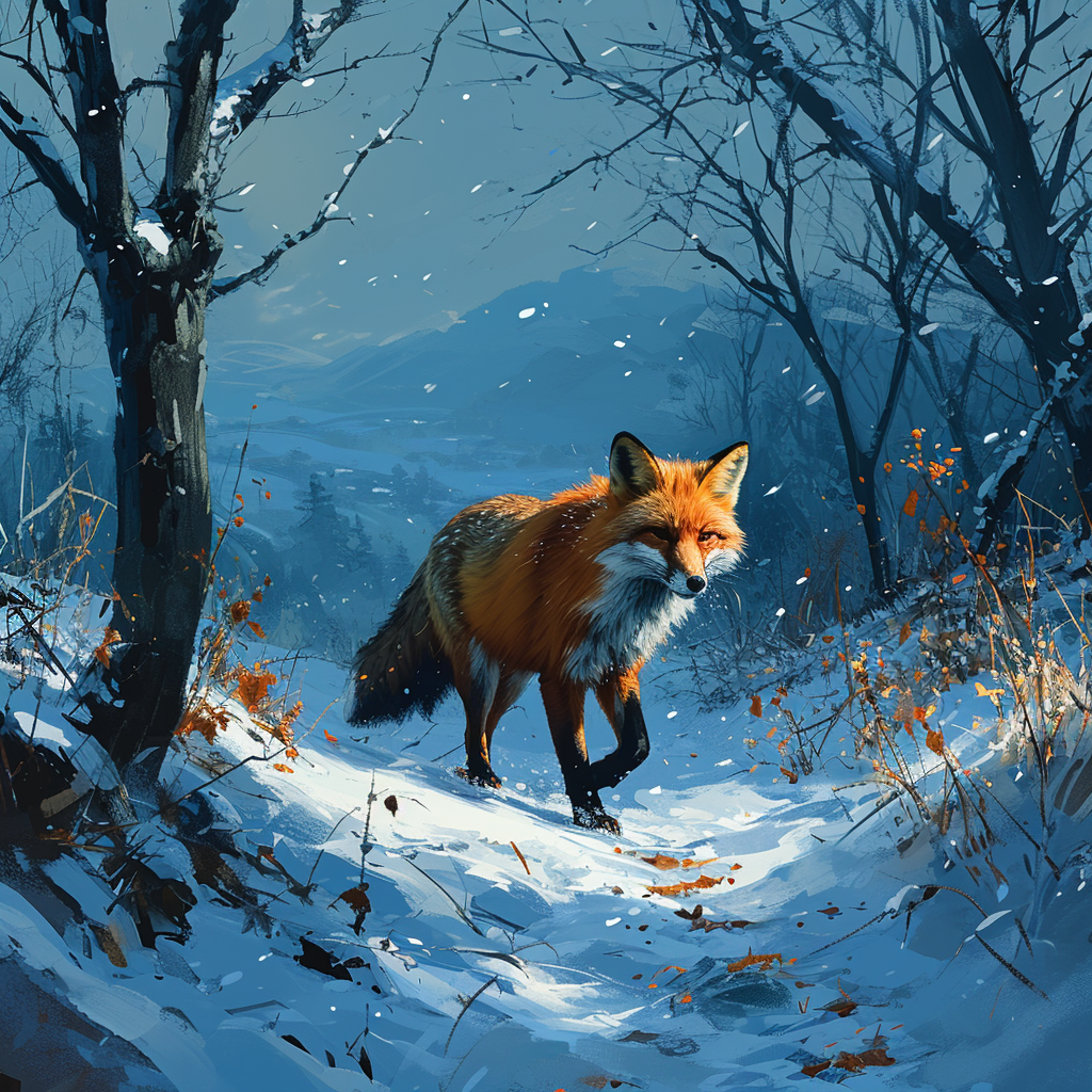 Fox walking through winter forest