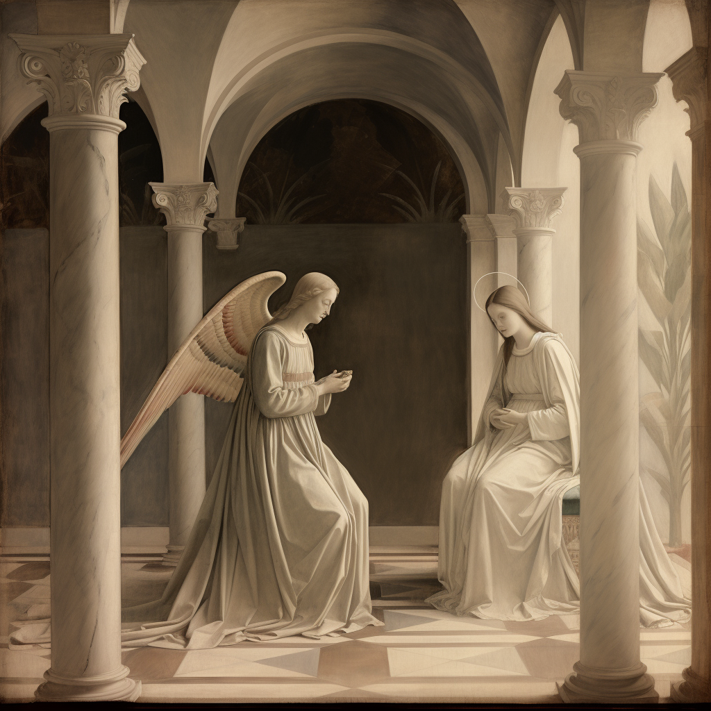 Black and white sketch of Fra Angelico's Annunciation