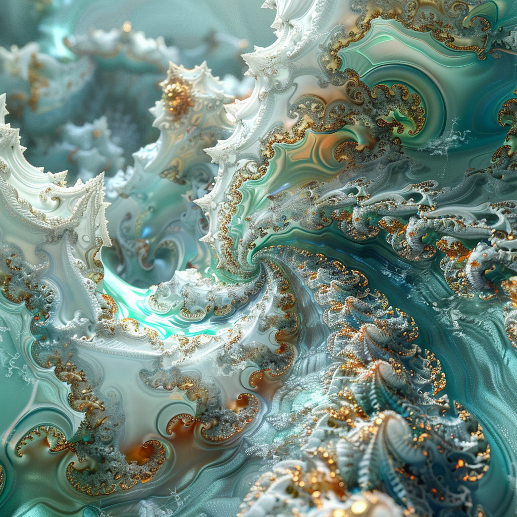 fractal pattern in turquoise and white, elaborate 3D rendering