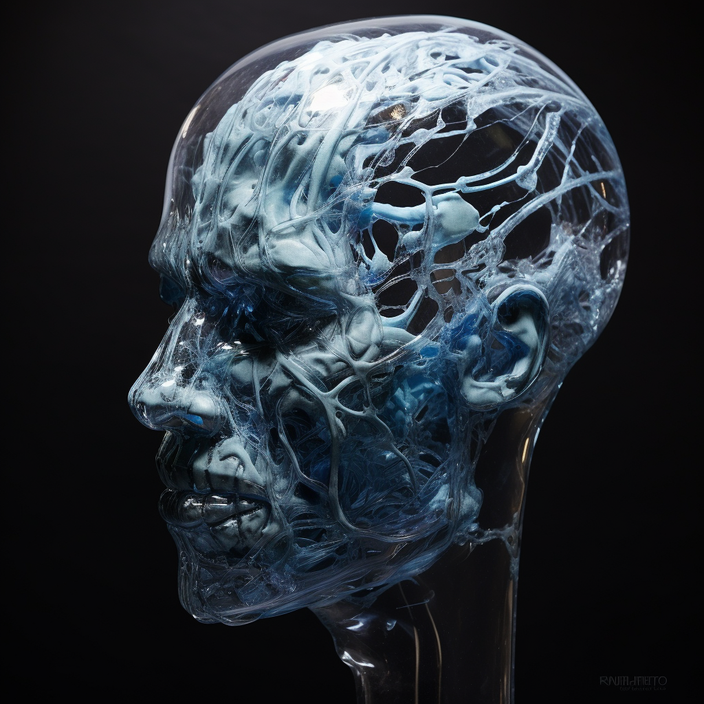 Exquisite fragile human head sculpture made of ice