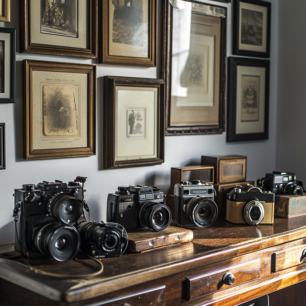 Collection of framed artwork on a wooden desk with cameras and film rolls