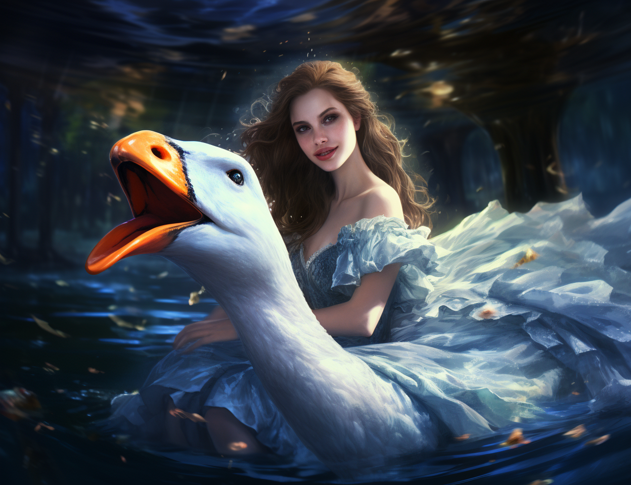 Art of girl riding swan