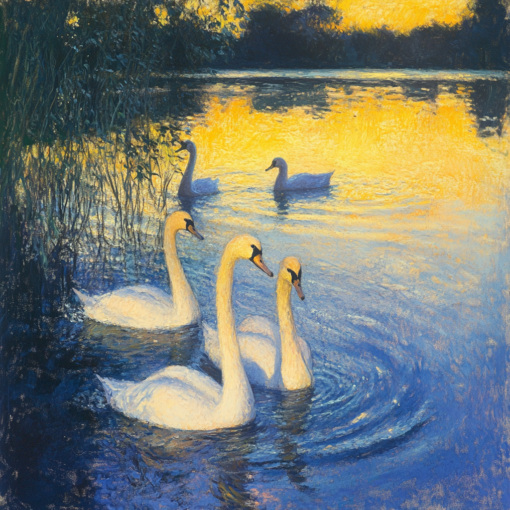 Impressionist scene with swan lake