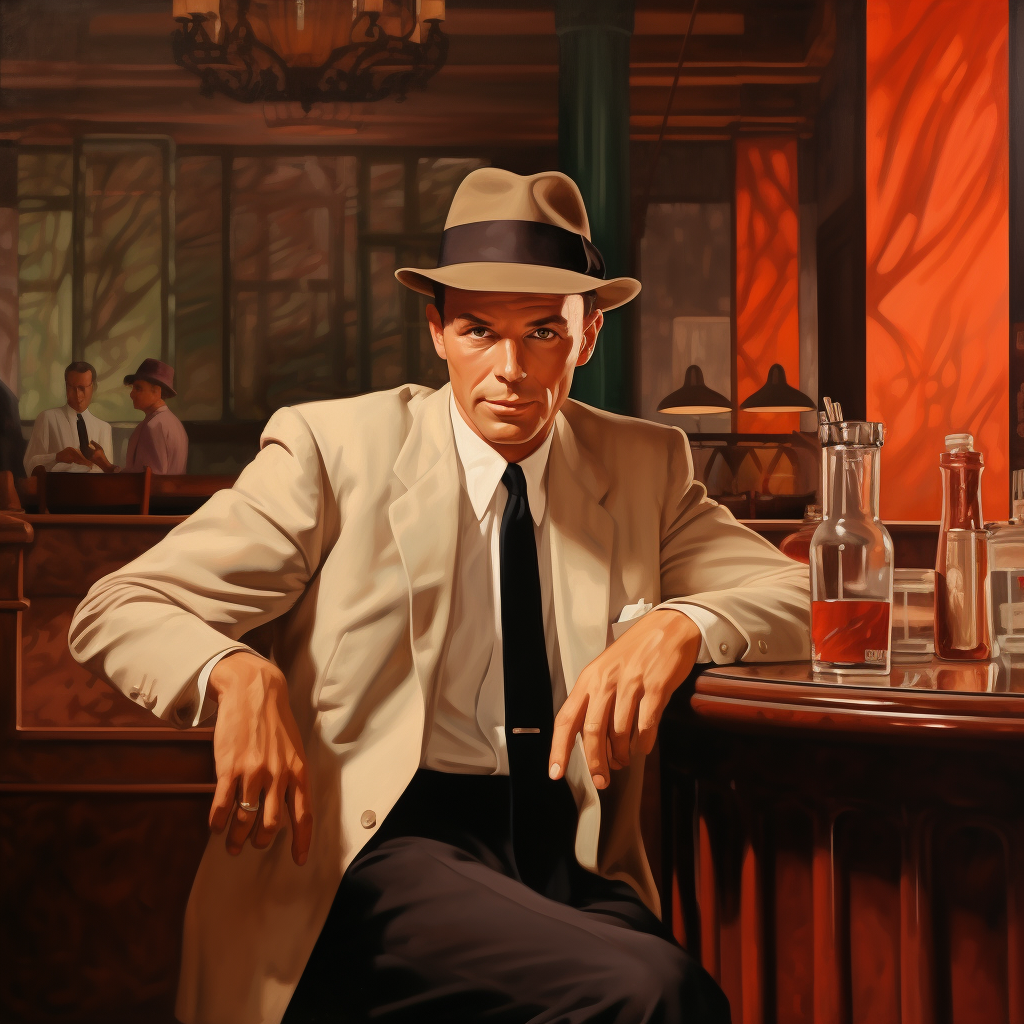 Art deco painting of Frank Sinatra smoking at a bar