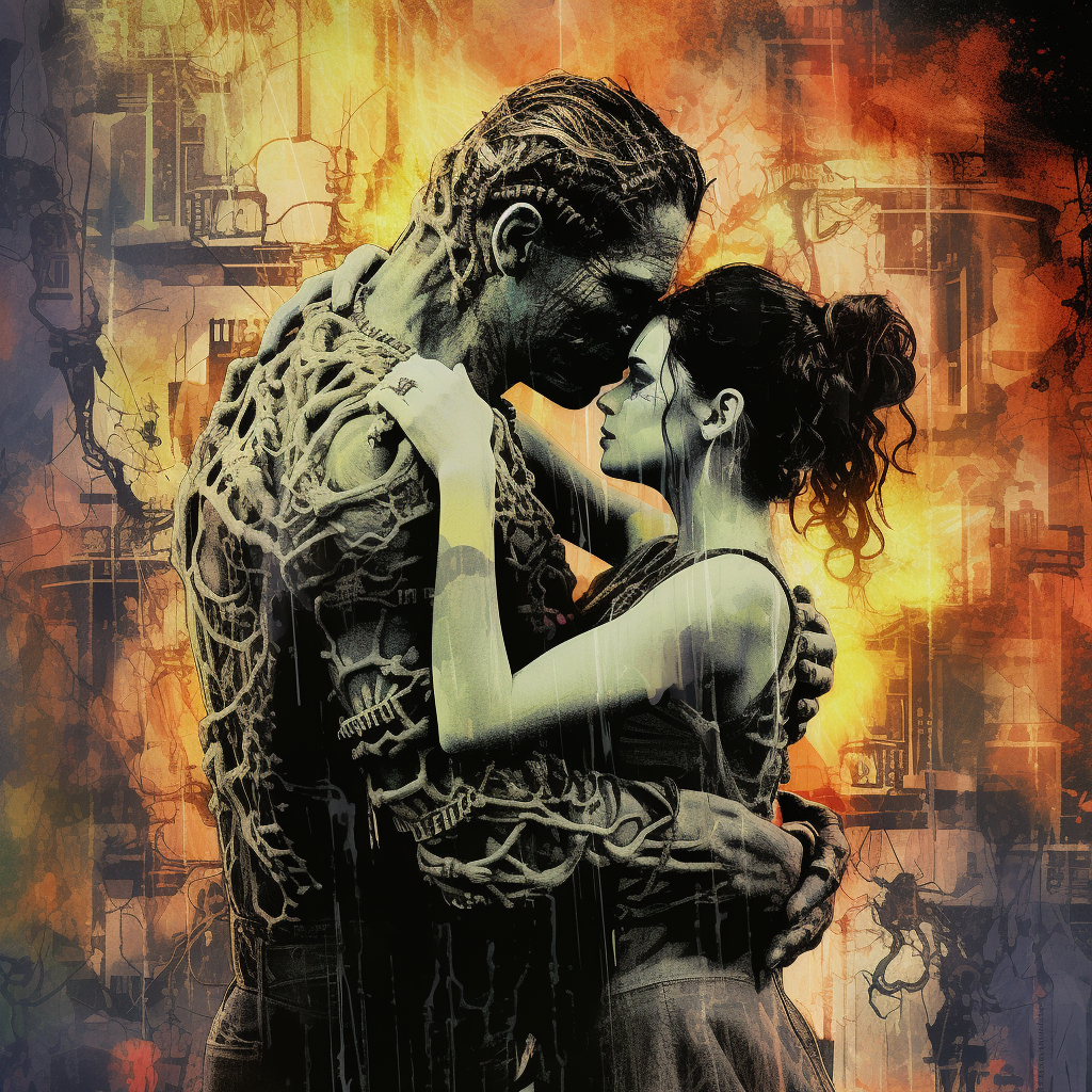 Romantic Frankenstein and Bride Embracing in Chaos