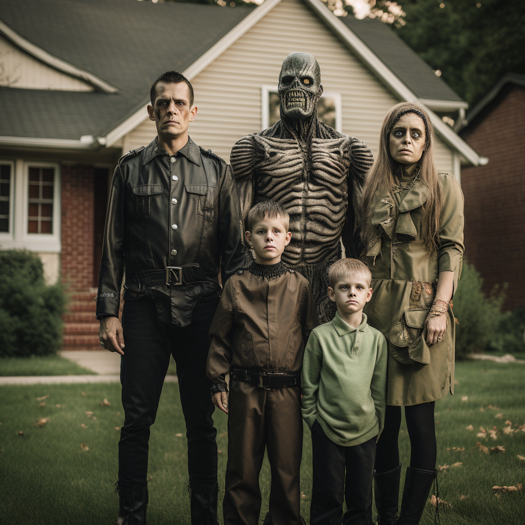 Frankenstein family posing in front of their house