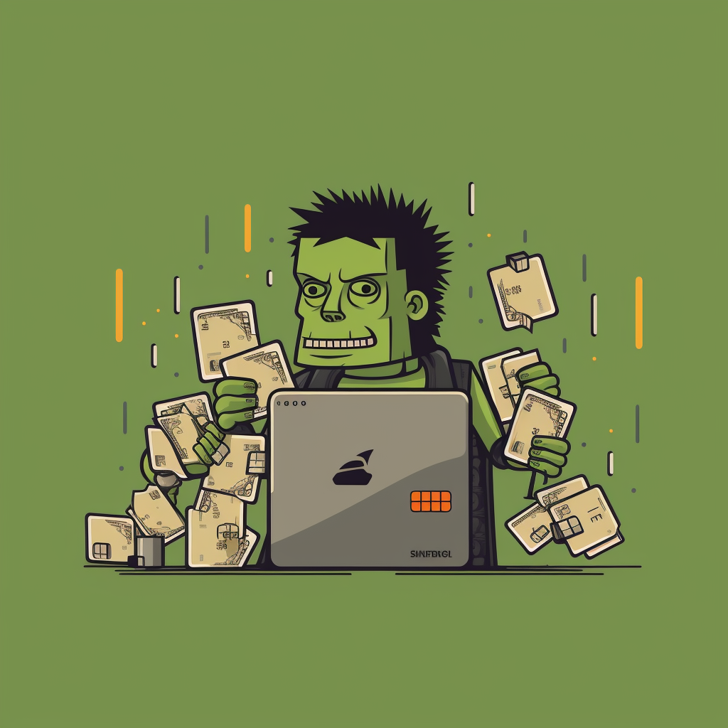 Frankenstein monster with spoof bank logos and credit cards