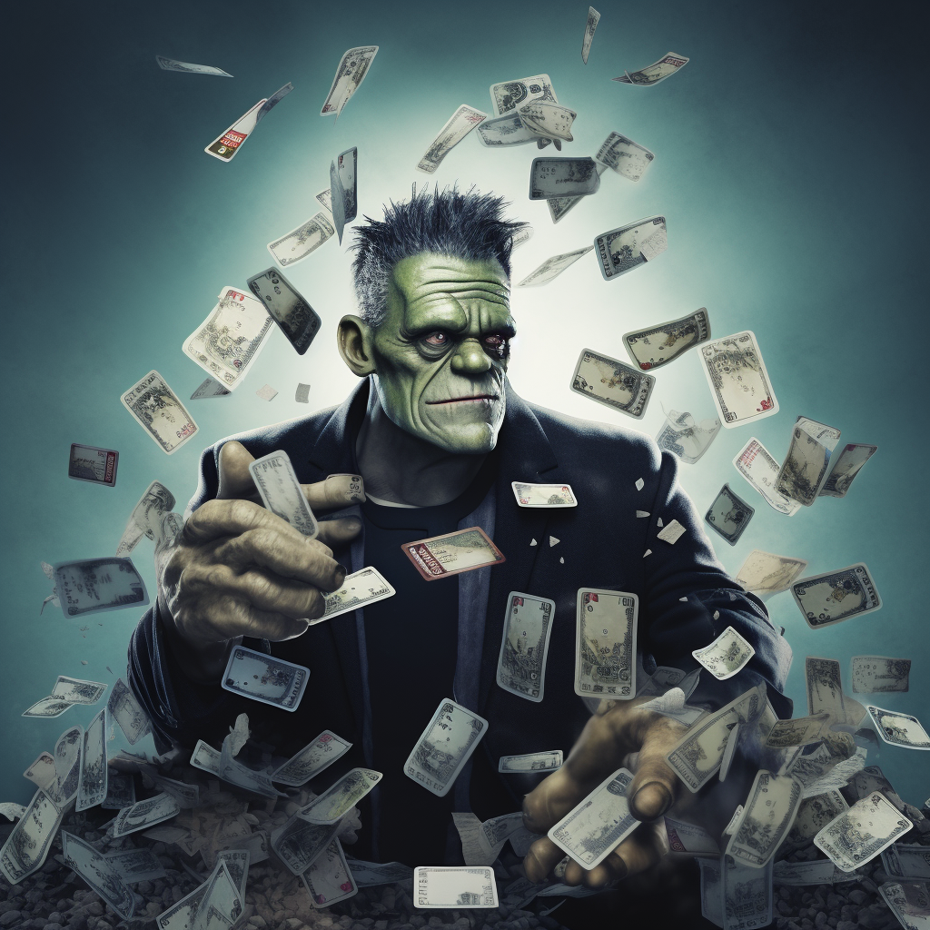 Frankenstein creature holding multiple credit cards