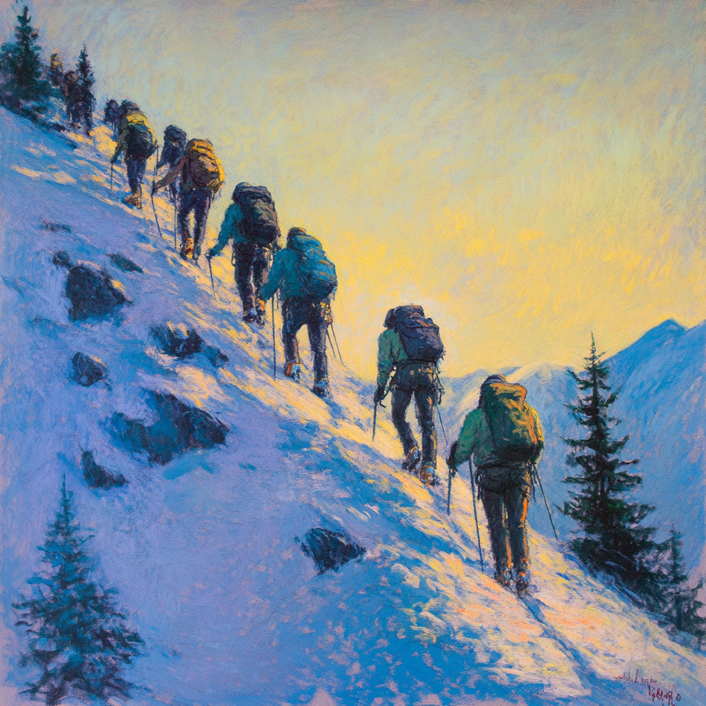 Impressionist oil painting alpinists climbing quarry