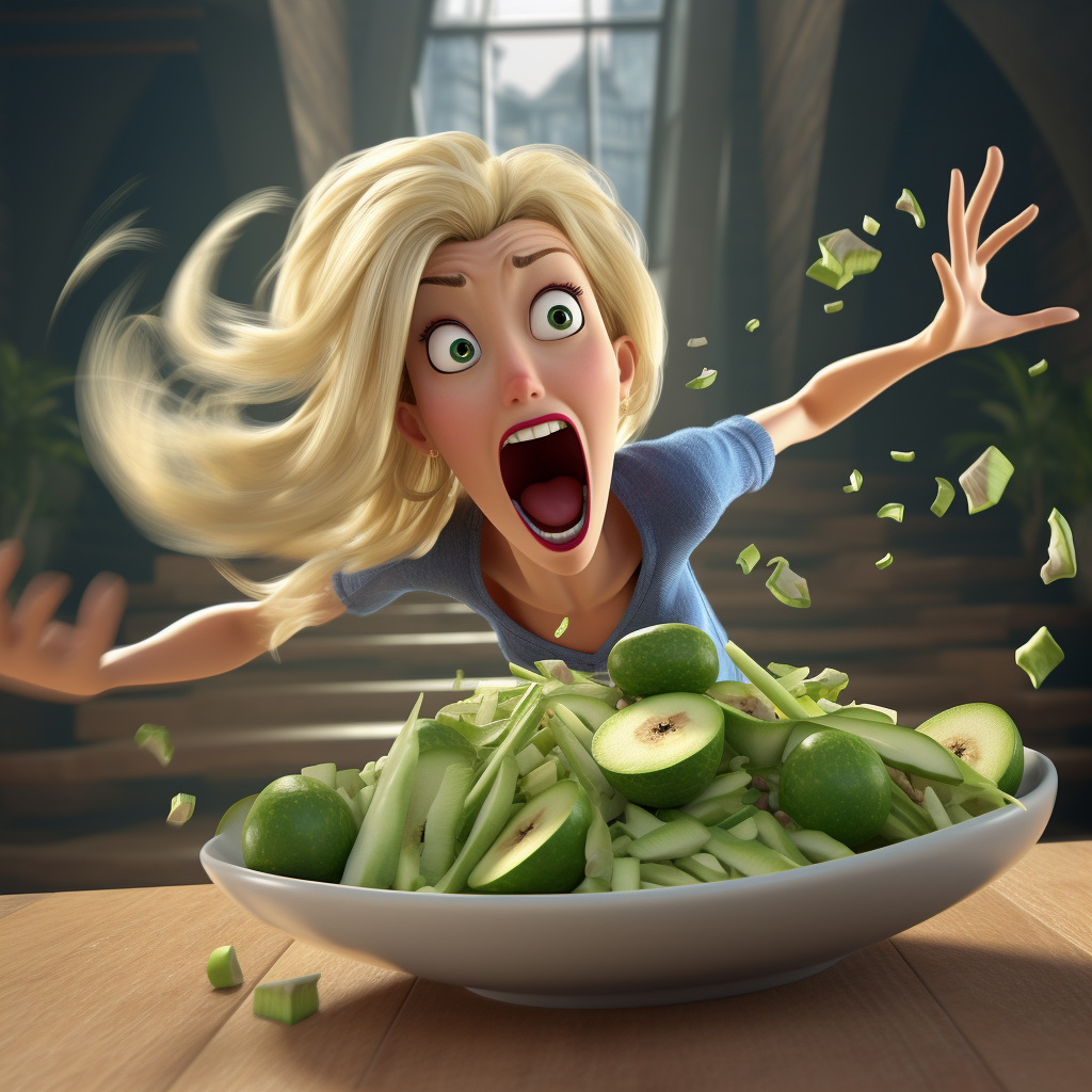 Woman eating green salad with anthropomorphic fruit