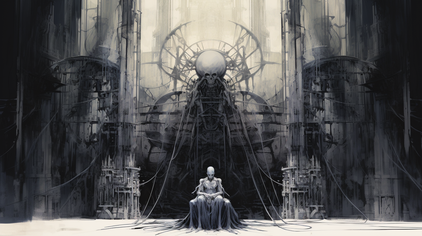 Futuristic cathedral with frayed cables on king's throne