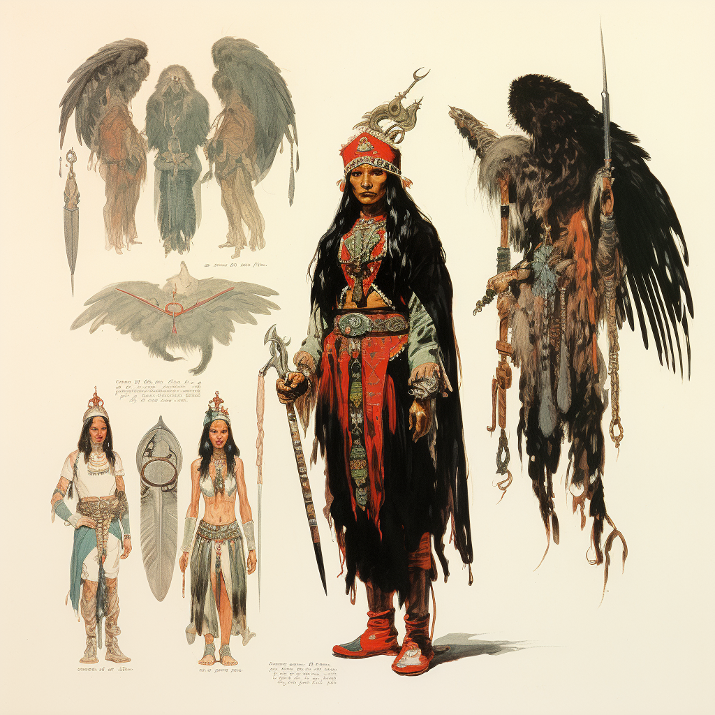 Female warrior with raven wings in Ural steppes