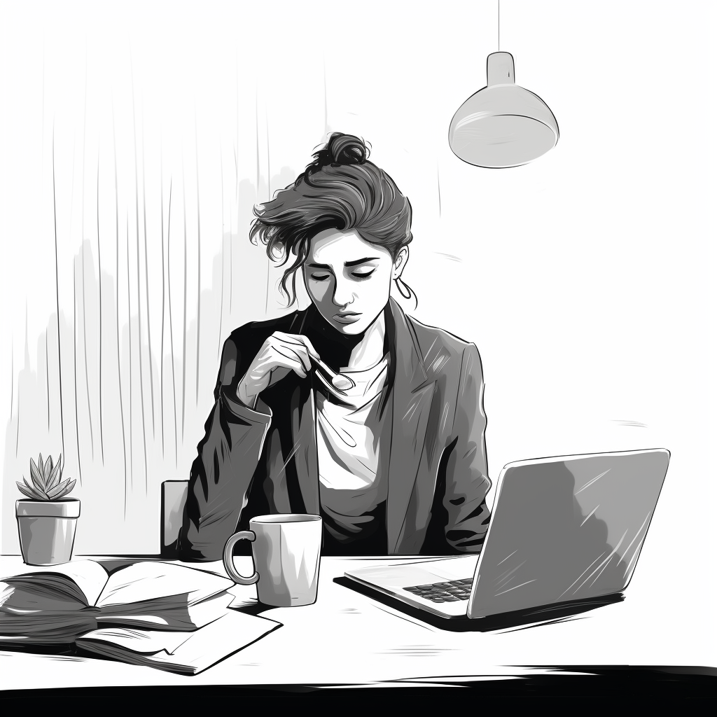 Black and white line drawing of frazzled office worker