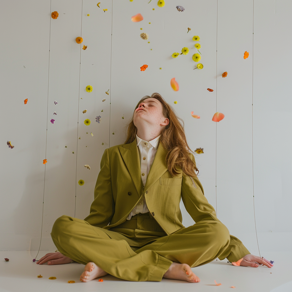 Freckled woman in green pants suit