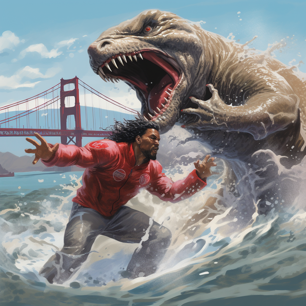 Fred Warner battling Godzilla in SF Bay