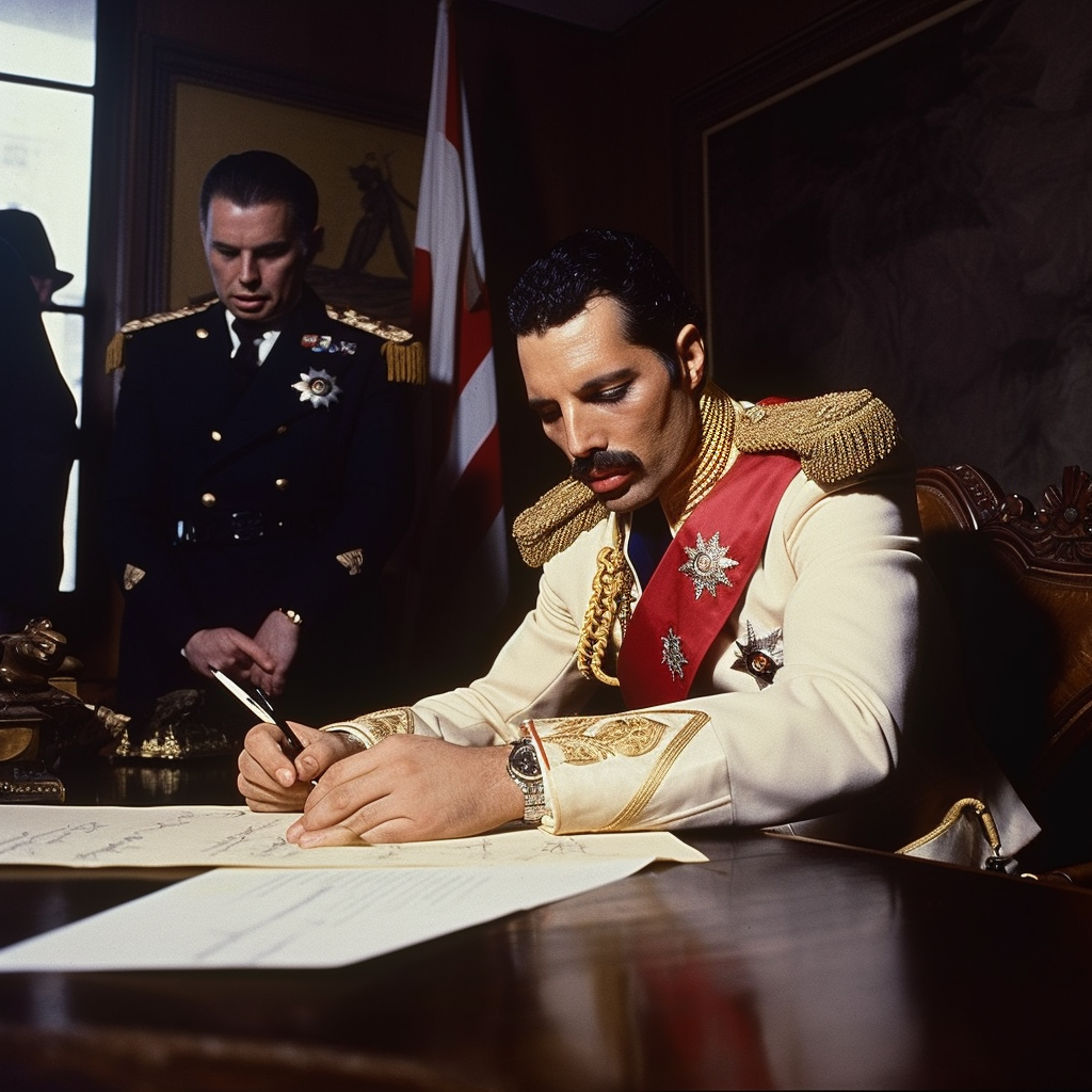 Freddie Mercury signing declaration of independence