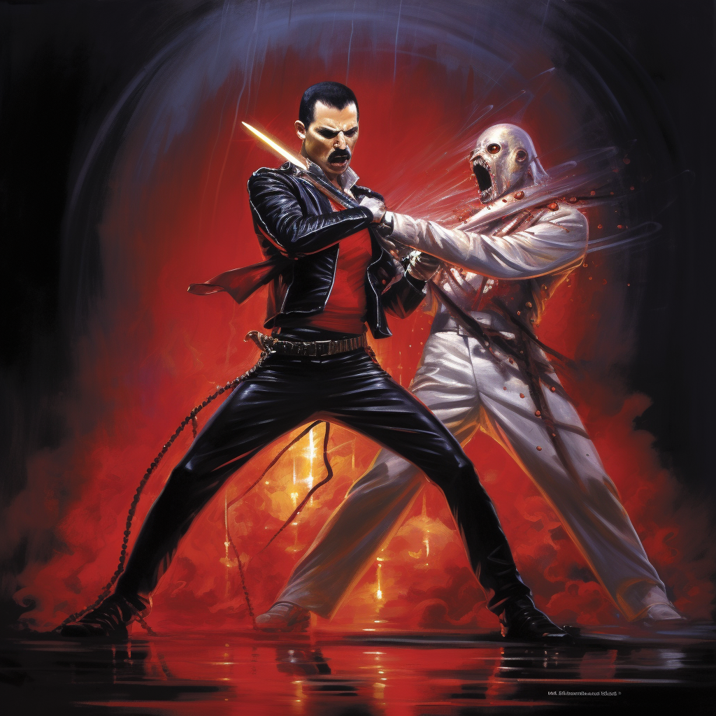 Freddie Mercury and Freddy Krueger engaging in lightsaber duel