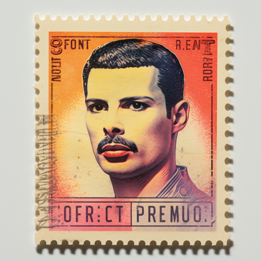 Ultraphotorealistic portrait of Freddie Mercury on stamp