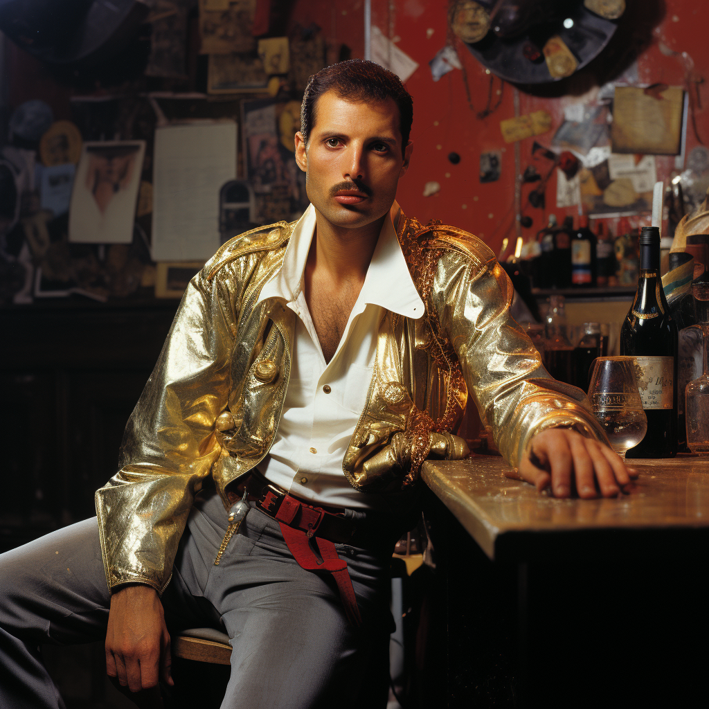 Freddie Mercury sitting in a bar wearing a performance suit