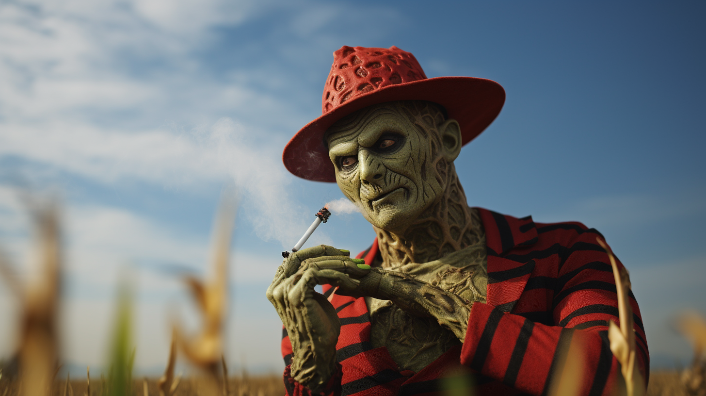 Freddy Krueger enjoying cannabis in field